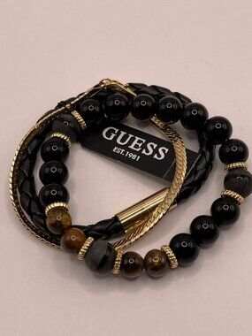 Guess Black Tiger Eye Gold Tone Bracelet Set - Beaded & Braided Design -24B